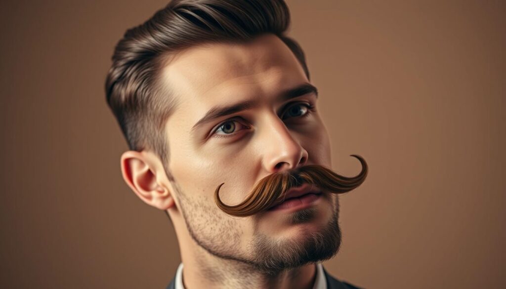 A meticulously groomed man with a distinctive handlebar mustache, his facial hair elegantly styled with wax and precision. The image is captured in a warm, soft-lit studio setting, highlighting the intricate details and texture of the mustache. The lighting casts subtle shadows, accentuating the defined edges and curves of the hairstyle. The man's expression is confident and thoughtful, conveying the art and expertise of mustache styling. The background is a muted, neutral tone, allowing the focal point, the stylized mustache, to take center stage. A meticulously groomed man with a distinctive handlebar mustache, his facial hair elegantly styled with wax and precision. The image is captured in a warm, soft-lit studio setting, highlighting the intricate details and texture of the mustache. The lighting casts subtle shadows, accentuating the defined edges and curves of the hairstyle. The man's expression is confident and thoughtful, conveying the art and expertise of mustache styling. The background is a muted, neutral tone, allowing the focal point, the stylized mustache, to take center stage.