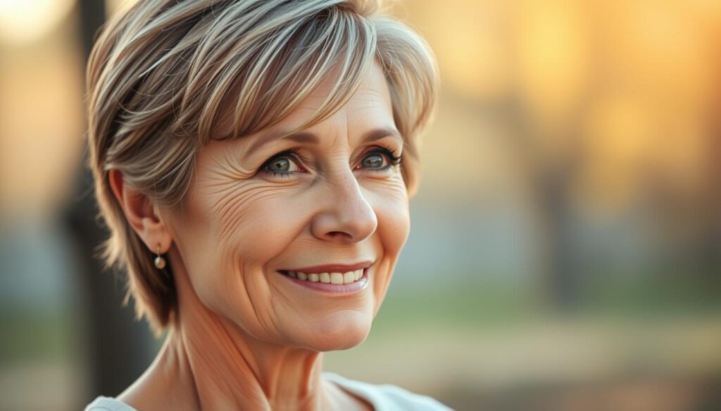 A middle-aged woman with a radiant, youthful complexion stands in a softly lit, natural setting. Her hair is styled in a stylish, face-framing cut with subtle highlights, enhancing her features and creating a vibrant, rejuvenated appearance. The lighting is warm and diffused, casting a gentle glow on her face and hair, emphasizing the flattering, age-defying hairstyle. The background is blurred, allowing the focus to remain on the subject's captivating, confident expression and the transformative power of the haircut.