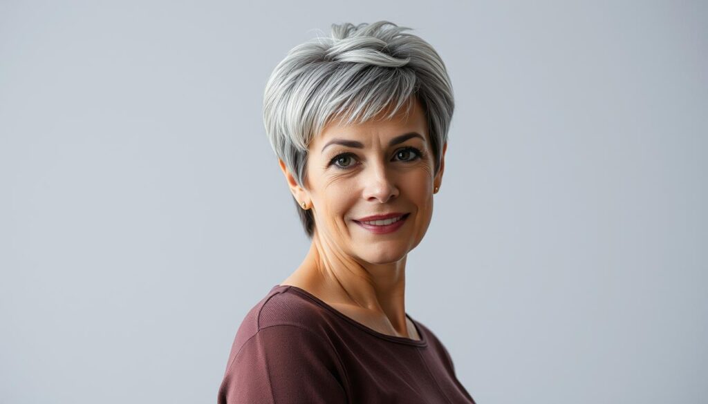 A middle-aged woman with short, stylish haircut standing in a well-lit studio, facing the camera with a confident and sophisticated expression. Her hair is neatly styled in a modern, layered pixie cut with soft, textured bangs framing her face. The lighting is soft and flattering, creating subtle shadows and highlights that enhance the details of her hairstyle. The background is a plain, neutral color that allows the subject to be the focal point of the image, emphasizing the elegance and practicality of her short haircut.