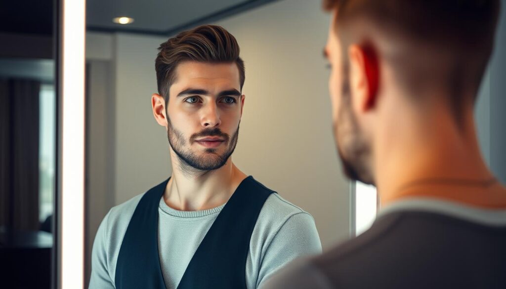 A modern gentleman standing in a stylish interior, thoughtfully considering his clean-shaven face in a sleek, minimalist mirror. Soft, ambient lighting highlights the textured stubble on his jawline, suggesting a carefully curated look. The scene exudes an air of confidence and sophistication, inviting the viewer to consider the intentional choice behind this stylistic decision. The man's gaze is pensive, hinting at the reasons behind his preference for a beard-free appearance - perhaps a desire for a more youthful, polished aesthetic or a commitment to professional polish. The image conveys a sense of personal style and self-awareness, reflecting the nuances of the section topic.