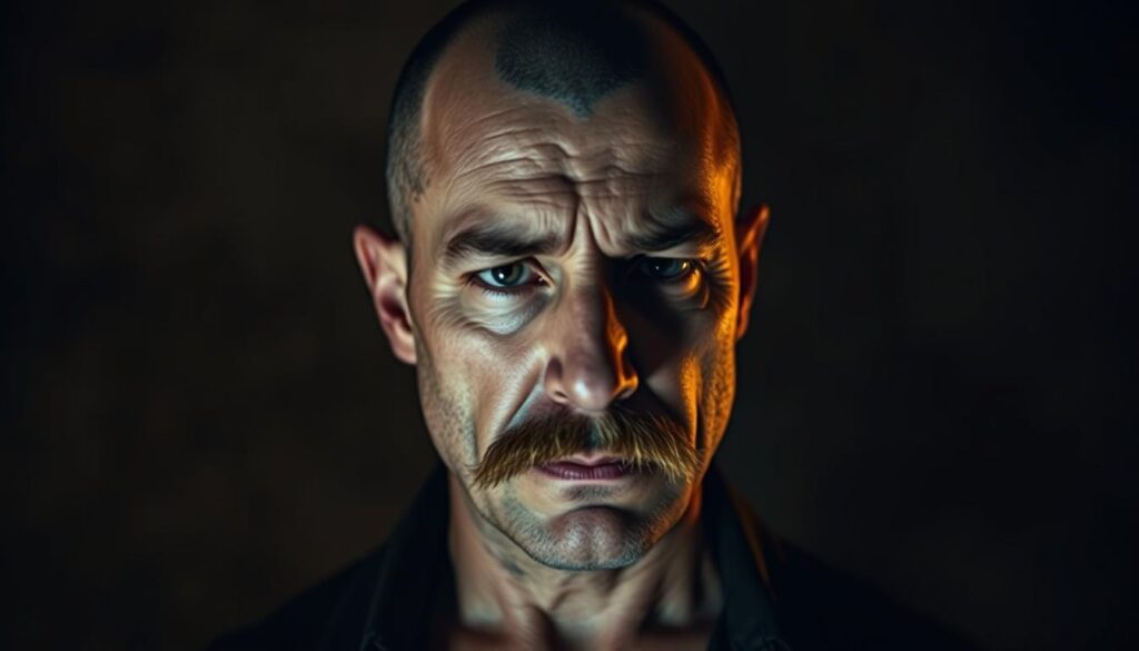 A pensive, introspective man with a shaved head and thick mustache stands in a dimly lit, atmospheric environment, his gaze directed inwardly. Soft, warm lighting casts dramatic shadows across his weathered face, evoking a sense of psychological depth and emotional complexity. The background is a muted, abstract palette of subdued hues, creating a contemplative, almost melancholic mood. The composition is tightly framed, drawing the viewer's attention to the subject's brooding expression and the subtle shifts in his demeanor, suggesting the profound personal journey inherent in a dramatic image transformation.