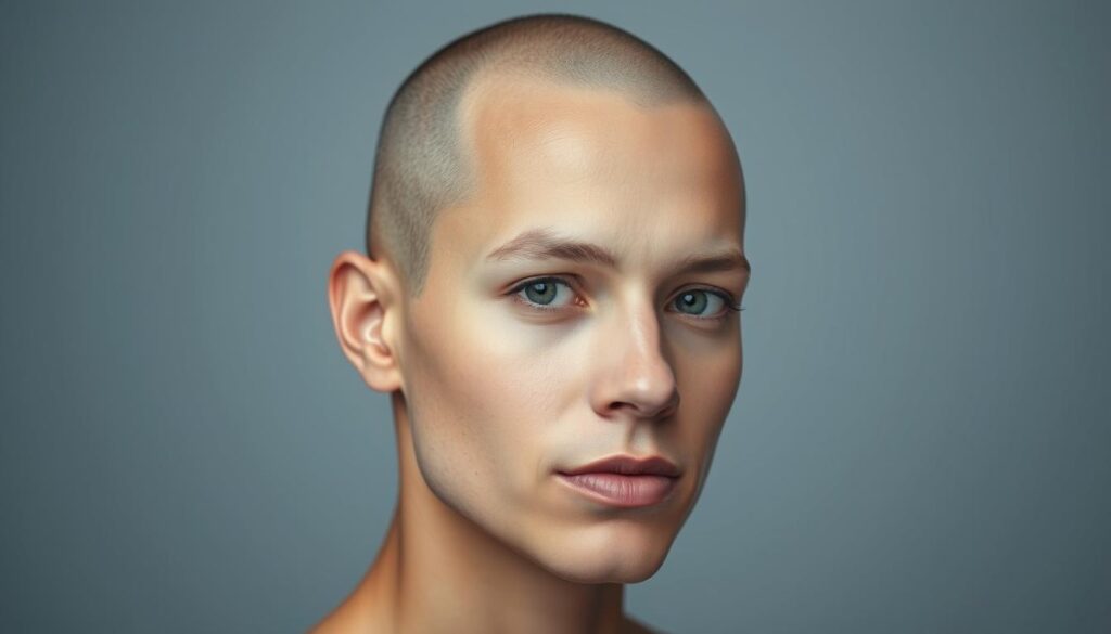 A portrait of a person with a bald head, showcasing the natural shape and contours of their face. The lighting is soft and diffused, creating a sense of tranquility and focus on the subject's features. The background is a neutral, minimalist setting, allowing the face to be the central point of interest. The expression is calm and contemplative, inviting the viewer to examine the harmonious relationship between the person's facial structure and their shaved head. The image conveys a sense of poise, confidence, and an exploration of how a bold hairstyle can complement and accentuate an individual's unique facial characteristics. A portrait of a person with a bald head, showcasing the natural shape and contours of their face. The lighting is soft and diffused, creating a sense of tranquility and focus on the subject's features. The background is a neutral, minimalist setting, allowing the face to be the central point of interest. The expression is calm and contemplative, inviting the viewer to examine the harmonious relationship between the person's facial structure and their shaved head. The image conveys a sense of poise, confidence, and an exploration of how a bold hairstyle can complement and accentuate an individual's unique facial characteristics.