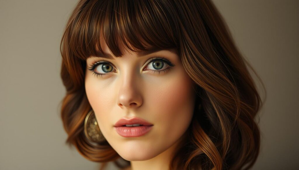 A portrait of a woman with an oval-shaped face, wearing a stylish hairstyle with bangs. The hair is a rich, warm brown color and has a subtle, natural-looking wave or curl to it. The lighting is soft and diffused, creating a warm and inviting atmosphere. The focus is on the woman's face, which is framed by the well-groomed bangs and the soft, voluminous hair. The background is slightly blurred, allowing the subject to be the center of attention. The overall impression is of a classic, timeless beauty enhanced by a flattering hairstyle that complements the woman's facial features.
