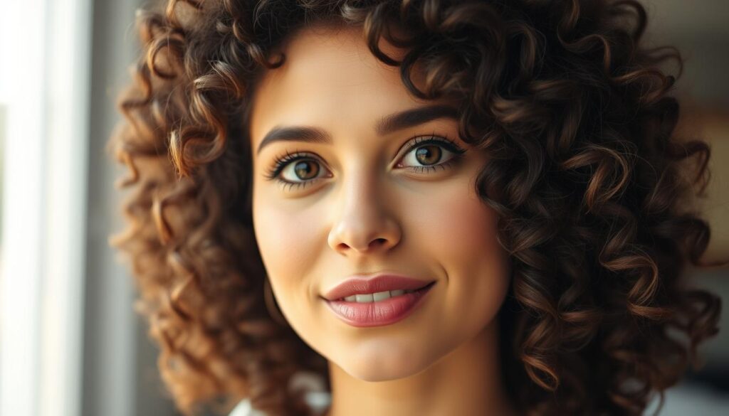 A portrait of a woman with curly, voluminous hair in a natural light setting. The background is blurred, allowing the focus to be on her face and hairstyle. Her expression is relaxed and confident, conveying a sense of effortless style. The lighting is soft and flattering, highlighting the natural waves and texture of her hair. The camera angle is slightly elevated, creating a slightly upward gaze that adds to the sense of self-assurance. The overall mood is one of casual elegance, showcasing simple yet effective techniques for taming unruly curls. A portrait of a woman with curly, voluminous hair in a natural light setting. The background is blurred, allowing the focus to be on her face and hairstyle. Her expression is relaxed and confident, conveying a sense of effortless style. The lighting is soft and flattering, highlighting the natural waves and texture of her hair. The camera angle is slightly elevated, creating a slightly upward gaze that adds to the sense of self-assurance. The overall mood is one of casual elegance, showcasing simple yet effective techniques for taming unruly curls.