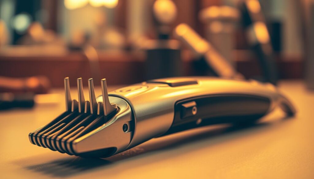 A precision mustache trimmer, its sleek metallic body gleaming under warm studio lighting. The foreground features the device's adjustable guards and fine-toothed blades, inviting the viewer to imagine their careful application. In the middle ground, the trimmer's ergonomic grip and controls are visible, hinting at the user's experience. The background subtly suggests a grooming setup, with hints of mirrors and other grooming tools, establishing the context. The overall mood is one of focused attention and technical proficiency, befitting the specialized nature of this mustache-shaping tool. A precision mustache trimmer, its sleek metallic body gleaming under warm studio lighting. The foreground features the device's adjustable guards and fine-toothed blades, inviting the viewer to imagine their careful application. In the middle ground, the trimmer's ergonomic grip and controls are visible, hinting at the user's experience. The background subtly suggests a grooming setup, with hints of mirrors and other grooming tools, establishing the context. The overall mood is one of focused attention and technical proficiency, befitting the specialized nature of this mustache-shaping tool.