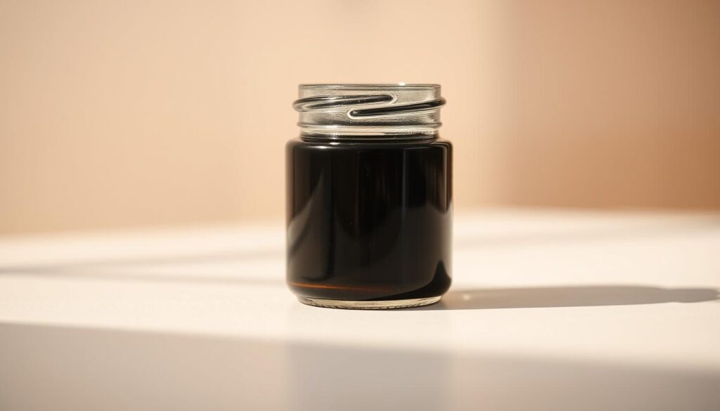 A realistic close-up image of a small jar of black mustache dye against a soft, out-of-focus background. The jar is made of glass with a screw-top lid, filled with a deep, inky black liquid. The texture of the glass and the glossy surface of the dye are clearly visible, creating a sense of depth and materiality. Warm, indirect lighting from the side casts subtle shadows, highlighting the form of the jar and adding dimension. The overall mood is one of simplicity and focus, drawing the viewer's attention to the key product being featured. A realistic close-up image of a small jar of black mustache dye against a soft, out-of-focus background. The jar is made of glass with a screw-top lid, filled with a deep, inky black liquid. The texture of the glass and the glossy surface of the dye are clearly visible, creating a sense of depth and materiality. Warm, indirect lighting from the side casts subtle shadows, highlighting the form of the jar and adding dimension. The overall mood is one of simplicity and focus, drawing the viewer's attention to the key product being featured.