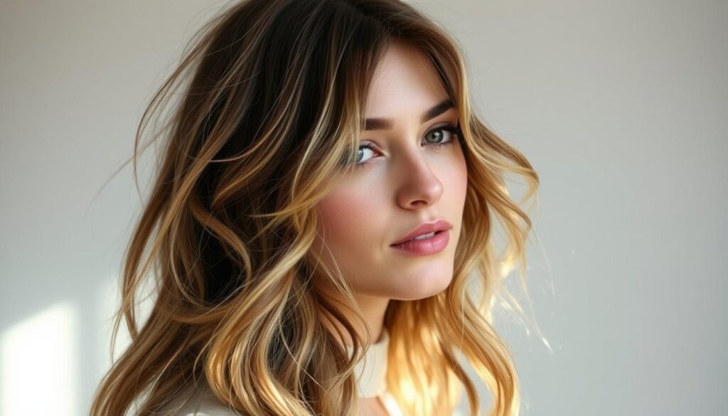 A serene bohemian-inspired everyday hairstyle, featuring tousled, subtly highlighted waves cascading over the shoulders. The lighting is soft and diffused, creating a natural, luminous glow that enhances the model's features. The camera angle is slightly elevated, framing the face and hair in a flattering three-quarter view. The overall mood is one of effortless elegance, embodying the carefree spirit of the bohemian aesthetic. Minimal styling with a touch of natural volume and flyaways conveys a sense of low-maintenance beauty. A serene bohemian-inspired everyday hairstyle, featuring tousled, subtly highlighted waves cascading over the shoulders. The lighting is soft and diffused, creating a natural, luminous glow that enhances the model's features. The camera angle is slightly elevated, framing the face and hair in a flattering three-quarter view. The overall mood is one of effortless elegance, embodying the carefree spirit of the bohemian aesthetic. Minimal styling with a touch of natural volume and flyaways conveys a sense of low-maintenance beauty.