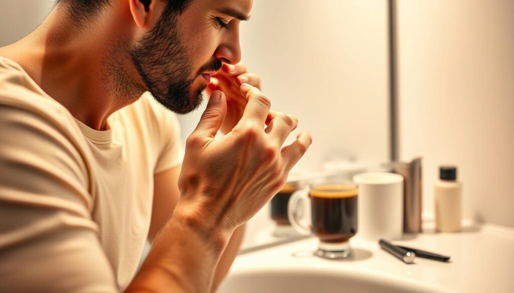 A serene, well-lit bathroom scene with a man's hand gently applying a moisturizing aftershave balm to his freshly shaved face. The vanity countertop is neatly arranged with shaving accessories, a straight razor, and a steaming mug of coffee. Warm, diffused lighting casts a soothing glow, highlighting the man's relaxed expression as he meticulously tends to his skin post-shave. The overall atmosphere conveys a sense of self-care and tranquility, perfectly reflecting the theme of "Pielęgnacja skóry po goleniu wąsów". A serene, well-lit bathroom scene with a man's hand gently applying a moisturizing aftershave balm to his freshly shaved face. The vanity countertop is neatly arranged with shaving accessories, a straight razor, and a steaming mug of coffee. Warm, diffused lighting casts a soothing glow, highlighting the man's relaxed expression as he meticulously tends to his skin post-shave. The overall atmosphere conveys a sense of self-care and tranquility, perfectly reflecting the theme of "Pielęgnacja skóry po goleniu wąsów".