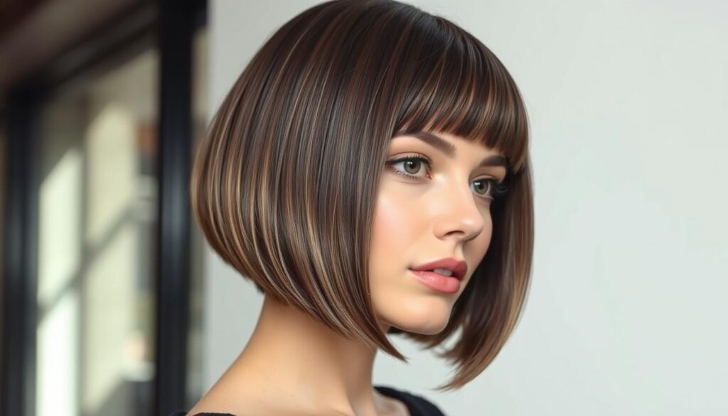A sleek, sophisticated bob hairstyle for fine, delicate hair. The model's head is tilted slightly to the side, showcasing the flattering, tapered layers that frame the face. Soft, natural lighting from the left side creates dimensional shadows, enhancing the model's bone structure. The hair has a silky, glossy finish, reflecting the light beautifully. The overall look is polished and refined, perfectly suited for a woman with thin, fine hair who desires a chic, modern haircut.