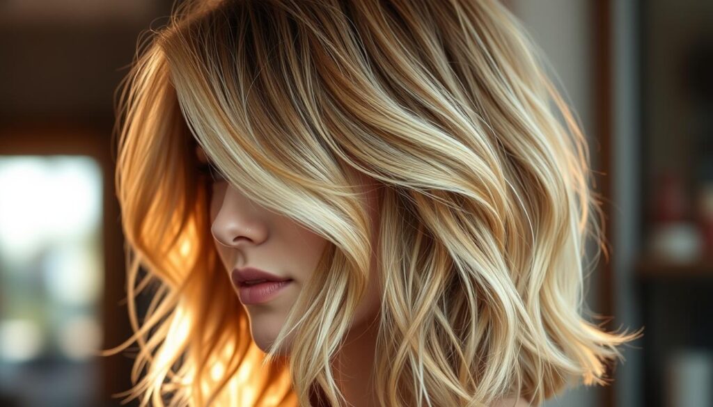 A soft, voluminous layered hairstyle with flowing movement and natural texture. Highlights frame the face, adding dimension and softness. The style features wispy, feathered layers that create a romantic, feminine silhouette. Subtle volume at the crown provides lift and fullness, complementing a petite facial structure. Warm lighting from the side casts gentle shadows, accentuating the layers and creating an ethereal, dimensional appearance. The overall look is effortless and subtly textured, with a relaxed, natural vibe.