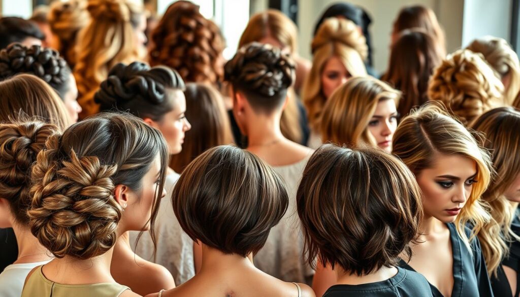 A sophisticated collection of contemporary hairstyles for the year 2023, showcasing the latest trends from renowned salons. In the foreground, intricate updos with braided accents and cascading waves, complemented by sleek, angular bobs and mesmerizing asymmetric cuts in the middle ground. The background features a diverse array of textured, voluminous styles, from tousled curls to smooth, straight locks, all lit by a warm, natural-looking light that accentuates the shine and vibrancy of the hair. The overall impression is one of dynamic elegance, capturing the zeitgeist of modern, fashion-forward hairstyles.