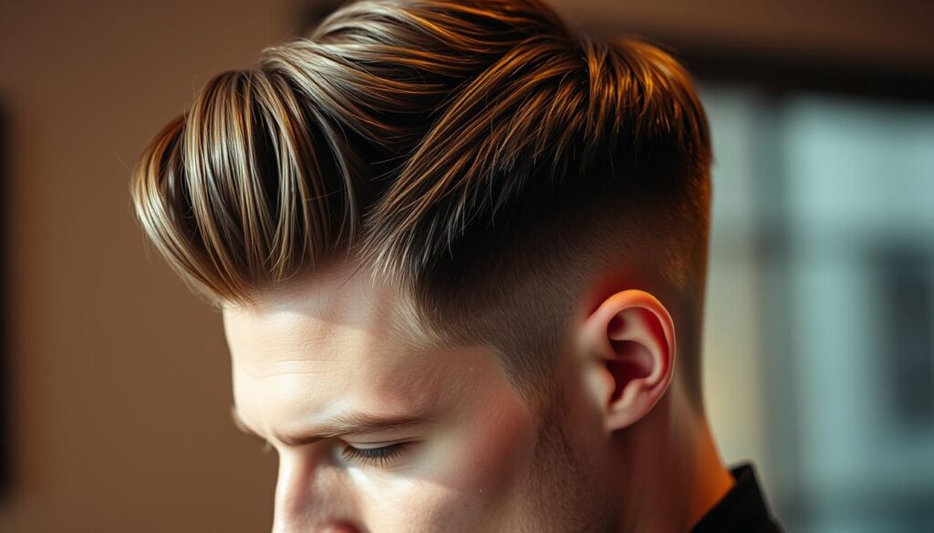A sophisticated man's haircut, a polished look for the modern gentleman. Close-up shot showcasing the intricate layers and textures, with soft lighting creating depth and dimension. The style features a neat, side-parted style with slightly longer hair on top, styled with a subtle pomade for a clean, elegant finish. The lighting is warm and directional, casting subtle shadows that accentuate the contours of the head and face. The background is blurred, keeping the focus on the thoughtfully crafted hairstyle, a testament to the skill of the stylist. A sophisticated man's haircut, a polished look for the modern gentleman. Close-up shot showcasing the intricate layers and textures, with soft lighting creating depth and dimension. The style features a neat, side-parted style with slightly longer hair on top, styled with a subtle pomade for a clean, elegant finish. The lighting is warm and directional, casting subtle shadows that accentuate the contours of the head and face. The background is blurred, keeping the focus on the thoughtfully crafted hairstyle, a testament to the skill of the stylist.