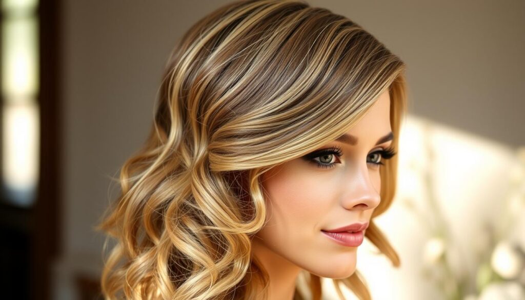 A sophisticated medium-length hairstyle for a wedding, featuring soft, flowing waves and a captivating sideswept design. The hair is expertly styled with a natural, effortless look, accentuating the model's facial features. Gentle highlights add dimension, while the overall styling conveys a sense of elegance and timeless beauty. Soft, directional lighting from the side casts subtle shadows, enhancing the volume and texture of the hair. The model's expression is serene and confident, embodying the poise and grace befitting a special occasion like a wedding. A sophisticated medium-length hairstyle for a wedding, featuring soft, flowing waves and a captivating sideswept design. The hair is expertly styled with a natural, effortless look, accentuating the model's facial features. Gentle highlights add dimension, while the overall styling conveys a sense of elegance and timeless beauty. Soft, directional lighting from the side casts subtle shadows, enhancing the volume and texture of the hair. The model's expression is serene and confident, embodying the poise and grace befitting a special occasion like a wedding.