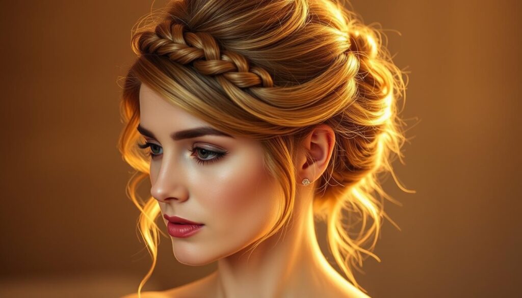 A sophisticated updo hairstyle for a wedding guest with short hair, featuring delicate braids and tresses gently swept to the side, creating an elegant and feminine look. The style is illuminated by warm, soft lighting, casting a radiant glow and emphasizing the intricate details. The model's face is in a serene, contemplative expression, conveying a sense of poise and grace. The background is blurred, keeping the focus on the intricate hairstyle and the model's serene expression.