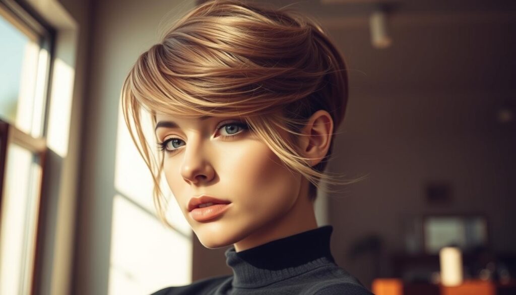 A stunning hairstyle inspired by the graceful swallow, showcased in a serene, well-lit salon setting. The "swallow" or "jaskółka" haircut features intricate intertwining strands flowing in a symmetrical, feathered pattern, framing the subject's face with a soft, romantic elegance. Captured from a flattering low angle, the model's expression radiates confidence and poise, highlighting the hairstyle's alluring, avant-garde appeal. Warm, natural lighting casts subtle shadows, accentuating the cut's dimensional layers and textures. The overall mood evokes a sense of timeless, salon-worthy inspiration, suitable for the featured section on this unique and stylish hairdo.