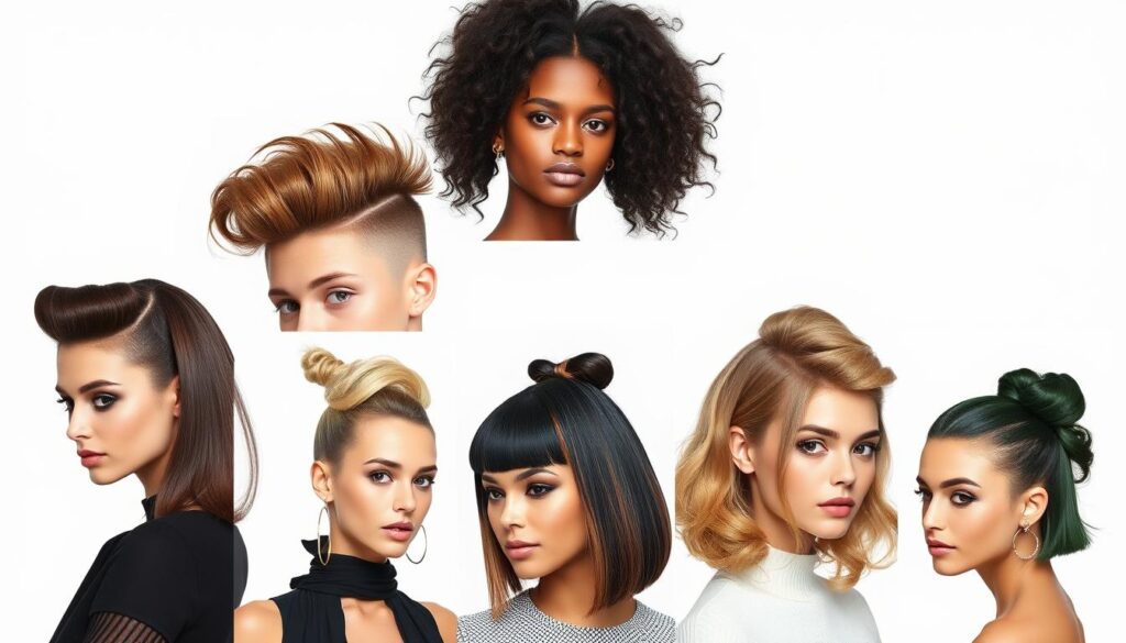 A stylish collection of modern hairstyles for 2021, showcasing the latest trends and fashions. A vivid, high-resolution image that captures the essence of the Trendy Hairstyles 2021 section, with a focus on diverse, eye-catching coiffures in a well-lit, studio setting. The styles should range from sleek and sophisticated to bold and experimental, highlighting the versatility and creativity of today's haircare. Capture the allure and dynamism of these cutting-edge looks through precise, detailed rendering and a polished, professional aesthetic. A stylish collection of modern hairstyles for 2021, showcasing the latest trends and fashions. A vivid, high-resolution image that captures the essence of the Trendy Hairstyles 2021 section, with a focus on diverse, eye-catching coiffures in a well-lit, studio setting. The styles should range from sleek and sophisticated to bold and experimental, highlighting the versatility and creativity of today's haircare. Capture the allure and dynamism of these cutting-edge looks through precise, detailed rendering and a polished, professional aesthetic.