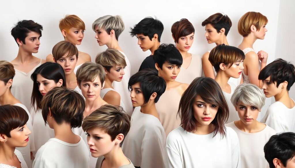 A stylish collection of various pixie cut hairstyles, showcased in a professional photography setting. The foreground features a diverse range of pixie cuts, from classic short crop to longer, textured versions, all captured with flattering lighting and camera angles. The middle ground introduces subtle color variations, from natural brunette tones to vibrant highlights, while the background maintains a clean, minimalist studio setting, allowing the hairstyles to be the primary focus. The overall mood exudes a sense of modern, fashion-forward elegance, highlighting the versatility and appeal of the pixie cut style. A stylish collection of various pixie cut hairstyles, showcased in a professional photography setting. The foreground features a diverse range of pixie cuts, from classic short crop to longer, textured versions, all captured with flattering lighting and camera angles. The middle ground introduces subtle color variations, from natural brunette tones to vibrant highlights, while the background maintains a clean, minimalist studio setting, allowing the hairstyles to be the primary focus. The overall mood exudes a sense of modern, fashion-forward elegance, highlighting the versatility and appeal of the pixie cut style.