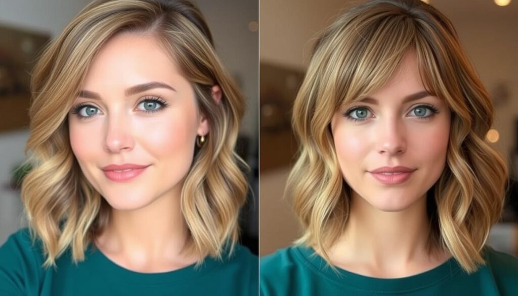 A stylish, flattering hairstyle for a round face, featuring softly layered, medium-length hair with subtle curtain bangs that frame the face and draw attention to the eyes. The hair has a natural, slightly textured finish with gentle waves or light curls. The lighting is soft and diffused, creating a warm, inviting atmosphere. The overall look is feminine, modern, and designed to visually elongate and slim the facial features.