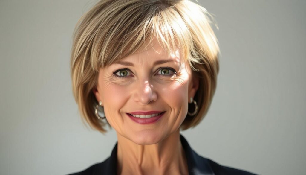 A stylish middle-aged woman with a chic, shoulder-length bob hairstyle. Soft, natural lighting illuminates her face, highlighting her confident yet approachable expression. The style is modern and versatile, with subtle layers and a slightly tousled texture that frames her face beautifully. The image evokes a sense of timeless elegance and sophistication, perfectly complementing the "Bob, pixie and shaggy" theme for a 50-year-old woman.