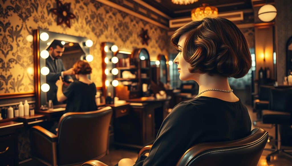 A vintage hair salon in the 1920s, with elegant Art Deco decor and warm lighting. In the foreground, a fashionable woman sits in a vintage styling chair, her short, wavy bob framed by a mirror as a skilled hairstylist works their magic. In the middle ground, a display of period-accurate hair styling tools and products. The background showcases the salon's timeless ambiance, with ornate wallpaper, gleaming tile floors, and a hint of art deco-inspired architectural details. The overall scene evokes the glamour and style of the Roaring Twenties, capturing the essence of the era's iconic hairstyles. A vintage hair salon in the 1920s, with elegant Art Deco decor and warm lighting. In the foreground, a fashionable woman sits in a vintage styling chair, her short, wavy bob framed by a mirror as a skilled hairstylist works their magic. In the middle ground, a display of period-accurate hair styling tools and products. The background showcases the salon's timeless ambiance, with ornate wallpaper, gleaming tile floors, and a hint of art deco-inspired architectural details. The overall scene evokes the glamour and style of the Roaring Twenties, capturing the essence of the era's iconic hairstyles.