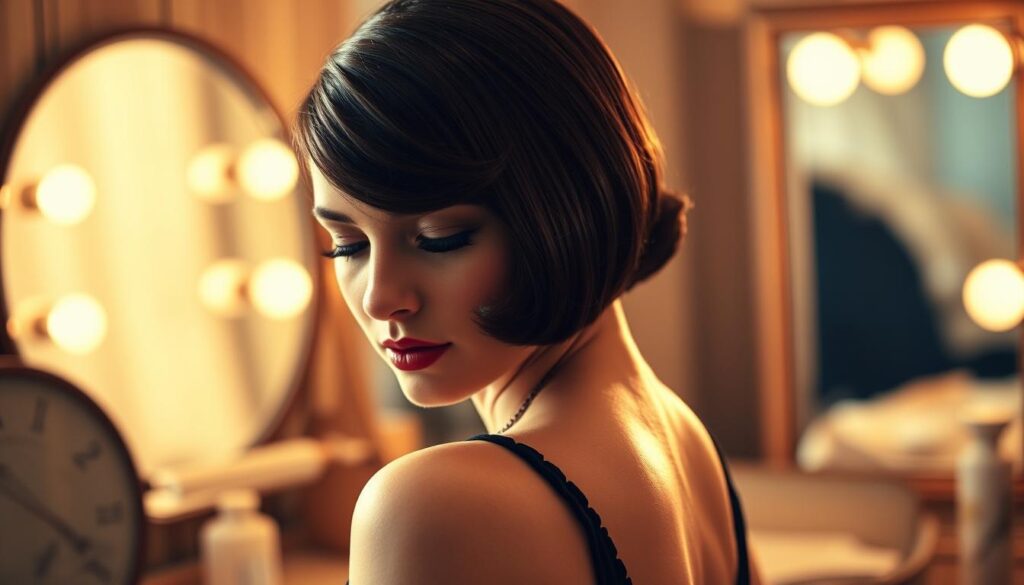 A well-coiffed flapper girl from the 1920s, her hair styled in a sleek, sculpted marcel wave. Soft, warm lighting casts a flattering glow on her face as she turns slightly, her eyes demurely cast downward. The background is a vintage-inspired setting, perhaps a vanity or dressing table, with subtle period details that transport the viewer to the glamorous era. The overall mood is one of elegant sophistication and timeless beauty, capturing the essence of the 1920s style that the article aims to recreate. A well-coiffed flapper girl from the 1920s, her hair styled in a sleek, sculpted marcel wave. Soft, warm lighting casts a flattering glow on her face as she turns slightly, her eyes demurely cast downward. The background is a vintage-inspired setting, perhaps a vanity or dressing table, with subtle period details that transport the viewer to the glamorous era. The overall mood is one of elegant sophistication and timeless beauty, capturing the essence of the 1920s style that the article aims to recreate.