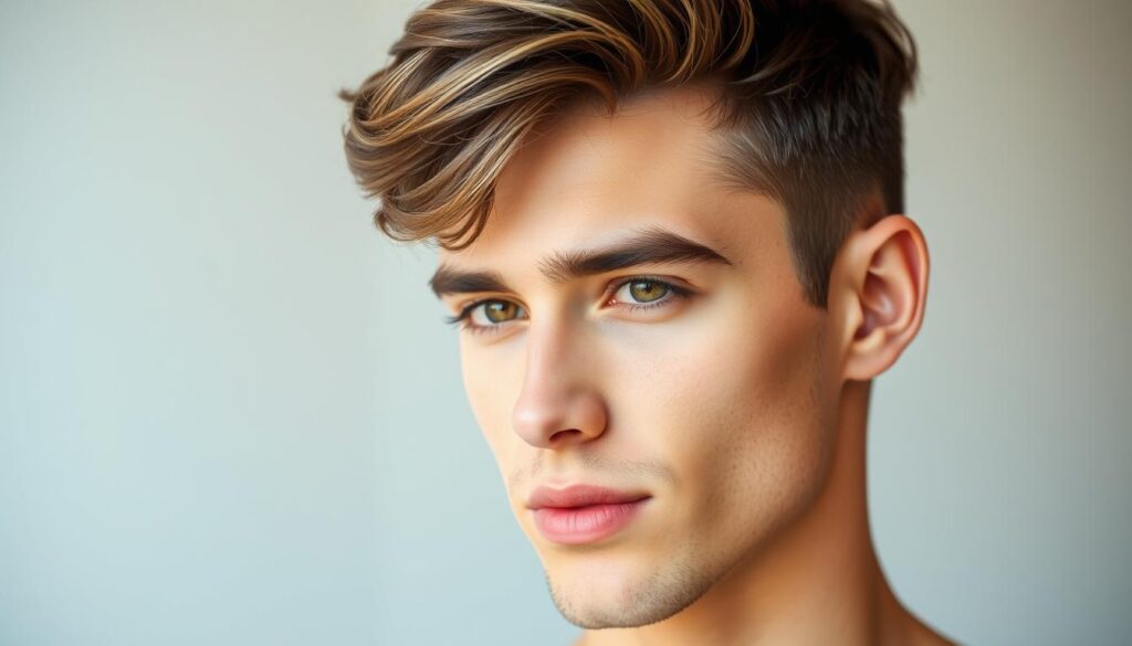 A well-coiffed, youthful male model with a stylish, trendy haircut set against a minimalist, softly-lit studio backdrop. His hair features a subtly textured, slightly wavy medium-length style with carefully shaped layers and voluminous, lifted bangs that frame his face. Soft, directional lighting accentuates the subject's features and sculpts the hair, casting gentle shadows to create depth and dimension. The overall look conveys a sense of confidence, sophistication, and a modern, rejuvenated aesthetic suitable for a mature gentleman.
