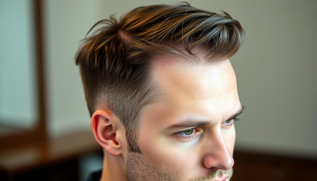 A well-groomed male head with a receding hairline, showcasing a stylish hairstyle that conceals the thinning areas. The hair is neatly trimmed on the sides, with a textured, slightly messy look on top, creating an illusion of fuller coverage. The lighting is soft and flattering, accentuating the natural features and the carefully crafted haircut. The background is blurred, keeping the focus on the subject's face and styled hair. The overall mood is one of confidence and a well-maintained appearance, suitable for a man seeking a solution to his thinning hair concerns. A well-groomed male head with a receding hairline, showcasing a stylish hairstyle that conceals the thinning areas. The hair is neatly trimmed on the sides, with a textured, slightly messy look on top, creating an illusion of fuller coverage. The lighting is soft and flattering, accentuating the natural features and the carefully crafted haircut. The background is blurred, keeping the focus on the subject's face and styled hair. The overall mood is one of confidence and a well-maintained appearance, suitable for a man seeking a solution to his thinning hair concerns.