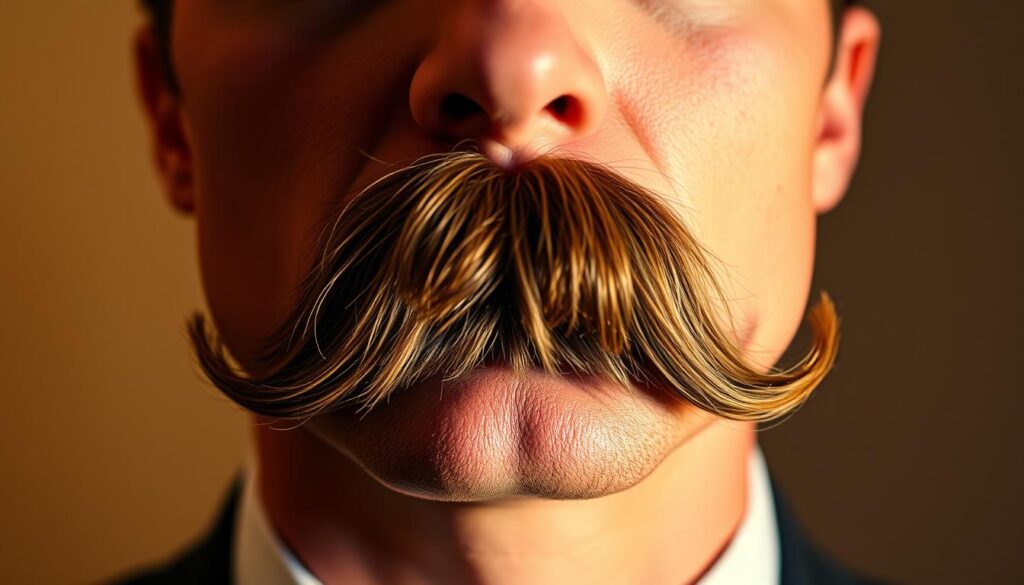 A well-groomed mustache in a classical style, the hairs perfectly styled and waxed to a uniform shape. The subject is illuminated by warm, soft lighting, casting subtle shadows that accentuate the contours of the facial hair. The background is a neutral, muted tone, allowing the mustache to be the central focus. The overall mood is one of sophistication and attention to detail, conveying the importance of thoughtful grooming and personal style. A well-groomed mustache in a classical style, the hairs perfectly styled and waxed to a uniform shape. The subject is illuminated by warm, soft lighting, casting subtle shadows that accentuate the contours of the facial hair. The background is a neutral, muted tone, allowing the mustache to be the central focus. The overall mood is one of sophistication and attention to detail, conveying the importance of thoughtful grooming and personal style.