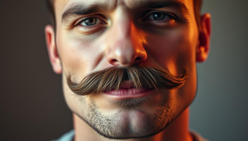 A well-groomed mustache, its tidy edges and lush texture, the focus of a masculine portrait. Soft, warm lighting illuminates the face in a gentle, flattering way, casting subtle shadows that accentuate the facial features. The background is pleasantly blurred, drawing the viewer's attention to the meticulously maintained facial hair. The overall mood is one of refined elegance and thoughtful self-care, reflecting the importance of proper mustache maintenance. A high-quality, detailed image that serves as a visually captivating illustration for the article's section on mustache grooming. A well-groomed mustache, its tidy edges and lush texture, the focus of a masculine portrait. Soft, warm lighting illuminates the face in a gentle, flattering way, casting subtle shadows that accentuate the facial features. The background is pleasantly blurred, drawing the viewer's attention to the meticulously maintained facial hair. The overall mood is one of refined elegance and thoughtful self-care, reflecting the importance of proper mustache maintenance. A high-quality, detailed image that serves as a visually captivating illustration for the article's section on mustache grooming.