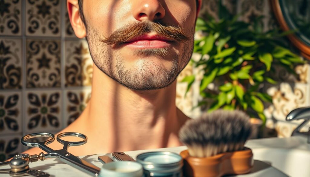 A well-groomed mustache, neatly trimmed and meticulously maintained, takes center stage in a warm, inviting scene. The subject's face is illuminated by soft, natural lighting, casting gentle shadows that accentuate the intricate details of the facial hair. In the foreground, a selection of grooming tools, including scissors, wax, and a finely-bristled brush, are artfully arranged, suggesting the care and attention required to achieve the perfect mustache. The middle ground features a vintage-inspired bathroom setting, with ornate tile patterns and a marble-topped vanity, creating a timeless, elegant atmosphere. In the background, a lush, verdant potted plant adds a touch of organic, earthy charm, complementing the overall sense of refinement and personal grooming. A well-groomed mustache, neatly trimmed and meticulously maintained, takes center stage in a warm, inviting scene. The subject's face is illuminated by soft, natural lighting, casting gentle shadows that accentuate the intricate details of the facial hair. In the foreground, a selection of grooming tools, including scissors, wax, and a finely-bristled brush, are artfully arranged, suggesting the care and attention required to achieve the perfect mustache. The middle ground features a vintage-inspired bathroom setting, with ornate tile patterns and a marble-topped vanity, creating a timeless, elegant atmosphere. In the background, a lush, verdant potted plant adds a touch of organic, earthy charm, complementing the overall sense of refinement and personal grooming.