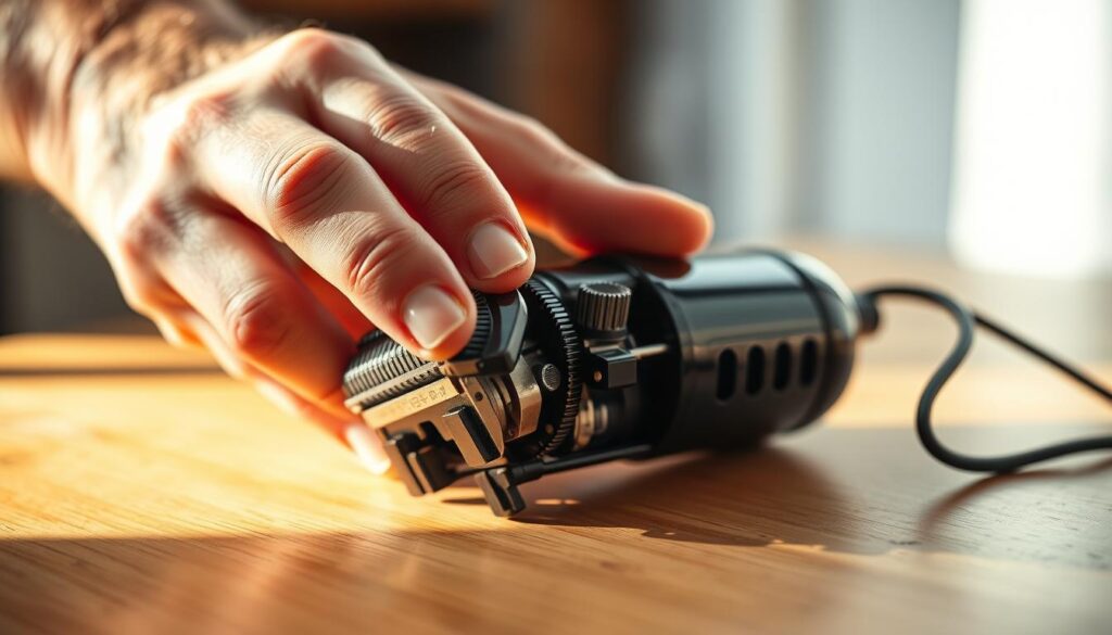 A well-lit, close-up image of a man's hand carefully maintaining a vintage mechanical electric shaver. The shaver is positioned on a wooden surface, with a soft, natural light illuminating it from the side. The image captures the intricate details of the shaver's gears, switches, and blades, showcasing the care and attention required to keep this classic grooming tool in pristine condition. The background is slightly blurred, creating a sense of focus on the shaver and the delicate maintenance process. The overall mood is one of quiet dedication and appreciation for the craft of well-maintained personal grooming tools. A well-lit, close-up image of a man's hand carefully maintaining a vintage mechanical electric shaver. The shaver is positioned on a wooden surface, with a soft, natural light illuminating it from the side. The image captures the intricate details of the shaver's gears, switches, and blades, showcasing the care and attention required to keep this classic grooming tool in pristine condition. The background is slightly blurred, creating a sense of focus on the shaver and the delicate maintenance process. The overall mood is one of quiet dedication and appreciation for the craft of well-maintained personal grooming tools.