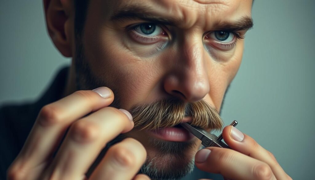 A well-lit, close-up portrait of a man carefully shaving his mustache with a traditional straight razor, using gentle, precise strokes. The man's face is framed in a classic three-quarter view, showcasing his strong, angular features and the careful concentration on his face as he grooms his facial hair. The lighting is soft and diffused, creating gentle shadows that accentuate the contours of his face. The background is blurred, allowing the viewer to focus solely on the intricate process of shaving the mustache. The overall mood is one of skill, precision, and the ritual of personal grooming. A well-lit, close-up portrait of a man carefully shaving his mustache with a traditional straight razor, using gentle, precise strokes. The man's face is framed in a classic three-quarter view, showcasing his strong, angular features and the careful concentration on his face as he grooms his facial hair. The lighting is soft and diffused, creating gentle shadows that accentuate the contours of his face. The background is blurred, allowing the viewer to focus solely on the intricate process of shaving the mustache. The overall mood is one of skill, precision, and the ritual of personal grooming.