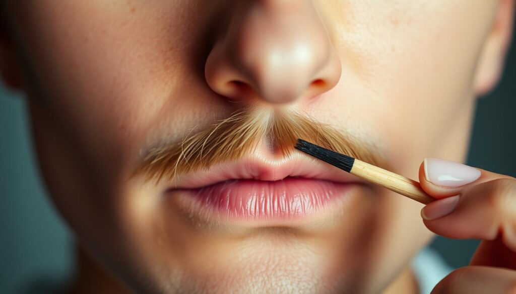 A well-lit, close-up shot of a person's face, with the focus on the area around the nose and mouth. The person is in the process of applying a homemade mustache, using a thin, brush-like applicator to carefully shape and groom a natural-looking, subtly styled mustache. The skin around the mouth appears slightly roughened, as if the person has been experimenting with different DIY mustache techniques. The background is blurred, keeping the attention on the intricate process of creating the mustache. The overall mood is one of concentration and self-care, with a touch of vintage charm. A well-lit, close-up shot of a person's face, with the focus on the area around the nose and mouth. The person is in the process of applying a homemade mustache, using a thin, brush-like applicator to carefully shape and groom a natural-looking, subtly styled mustache. The skin around the mouth appears slightly roughened, as if the person has been experimenting with different DIY mustache techniques. The background is blurred, keeping the attention on the intricate process of creating the mustache. The overall mood is one of concentration and self-care, with a touch of vintage charm.