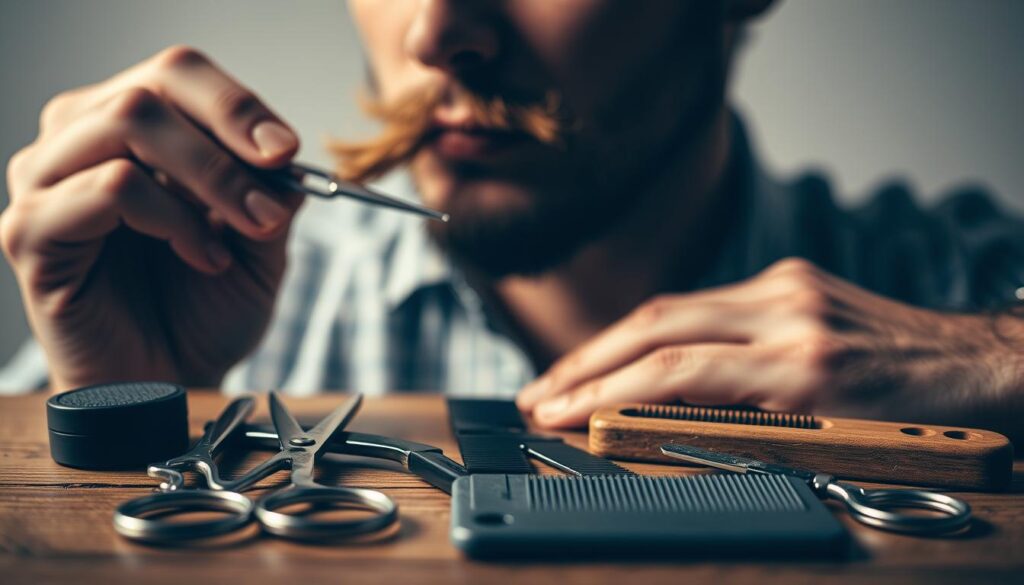A well-lit, close-up view of a man's hands carefully trimming and grooming his mustache. The foreground features an assortment of grooming tools, including scissors, a comb, and small trimming scissors, arranged neatly on a wooden surface. The middle ground shows the man's face in profile, his features in sharp focus, as he concentrates on precisely shaping his mustache. The background is slightly blurred, creating a sense of depth and emphasis on the grooming process. The overall mood is one of a methodical, careful preparation for a stylish, well-groomed appearance.