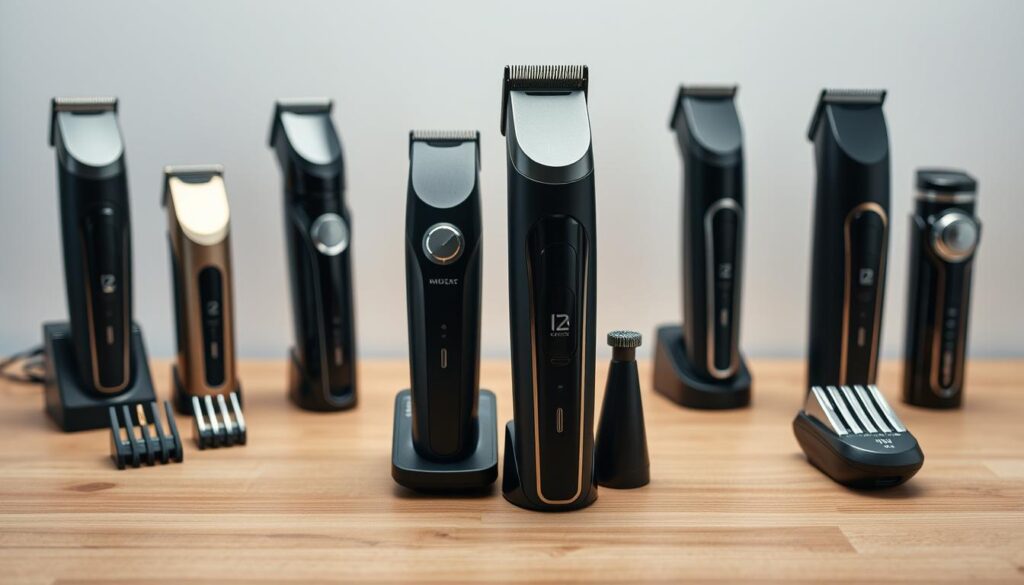 A well-lit, high-quality close-up photograph of a selection of high-end electric trimmers for men's mustaches and beards, neatly arranged on a sleek, minimalist wooden surface with a plain white backdrop. The trimmers should be showcased in a compelling, visually appealing manner that highlights their design, features, and overall quality. The lighting should be soft and even, creating a sense of depth and dimension, and the composition should be balanced and aesthetically pleasing. The overall mood should be professional, sophisticated, and focused on the products themselves. A well-lit, high-quality close-up photograph of a selection of high-end electric trimmers for men's mustaches and beards, neatly arranged on a sleek, minimalist wooden surface with a plain white backdrop. The trimmers should be showcased in a compelling, visually appealing manner that highlights their design, features, and overall quality. The lighting should be soft and even, creating a sense of depth and dimension, and the composition should be balanced and aesthetically pleasing. The overall mood should be professional, sophisticated, and focused on the products themselves.