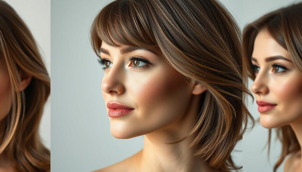 A well-lit, high-resolution closeup photograph of a woman with different hairstyles, showcasing how the shape and texture of the hair can complement the unique features of her oval-shaped face. The image should demonstrate the impact of hair length, layers, bangs, and volume on creating a balanced, harmonious look. Soft, flattering lighting from the side and above, with a clean, minimalist background that allows the subject to stand out. The overall mood should be aspirational and inspirational, conveying the transformative power of finding the right hairstyle.