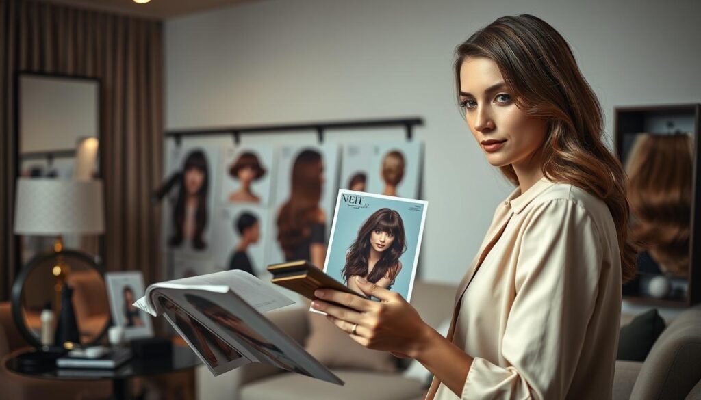 A well-lit, high-resolution photo of a stylish, modern woman examining different hairstyles and makeover suggestions in a smart, elegant home interior. The scene features carefully curated props like styling tools, hair samples, and fashion magazines to create an inviting, aspirational atmosphere. The lighting is soft and diffused, with gentle shadows accentuating the subject's facial features. The camera angle is slightly elevated, capturing the woman's thoughtful gaze as she considers her next hair transformation. The overall mood is one of refinement, professionalism, and personalized style guidance.