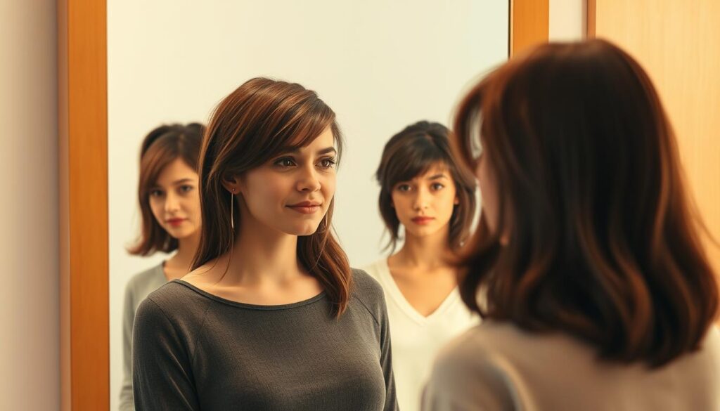 A well-lit, high-resolution photograph of a person standing in front of a mirror, examining different hairstyles and trying to determine the most flattering one for their face shape. The image should have a warm, natural lighting that accentuates the subject's features, and the mirror should be positioned to provide a clear view of the various haircuts being considered. The background should be minimalist and uncluttered, allowing the focus to remain on the process of selecting the ideal hairstyle. The subject's expression should convey a sense of thoughtfulness and consideration as they evaluate the different options.