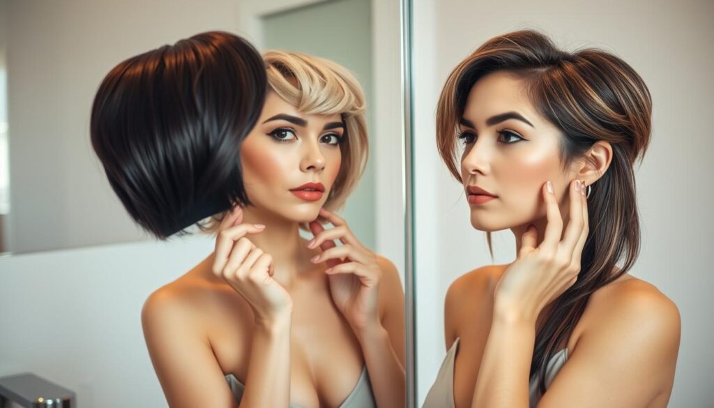 A well-lit, professionally-shot portrait of a stylish woman examining different hairstyle options in a mirror, showcasing how specific cuts and colors can complement her facial features and skin tone. The scene is set in a modern, minimalist bathroom, with soft, warm lighting and a clean, airy atmosphere. The woman's expression is contemplative as she tries on various wigs and hairpieces, exploring how different styles can enhance or detract from her natural beauty. The image captures the process of finding the perfect hairstyle to suit one's individual appearance and personal style.