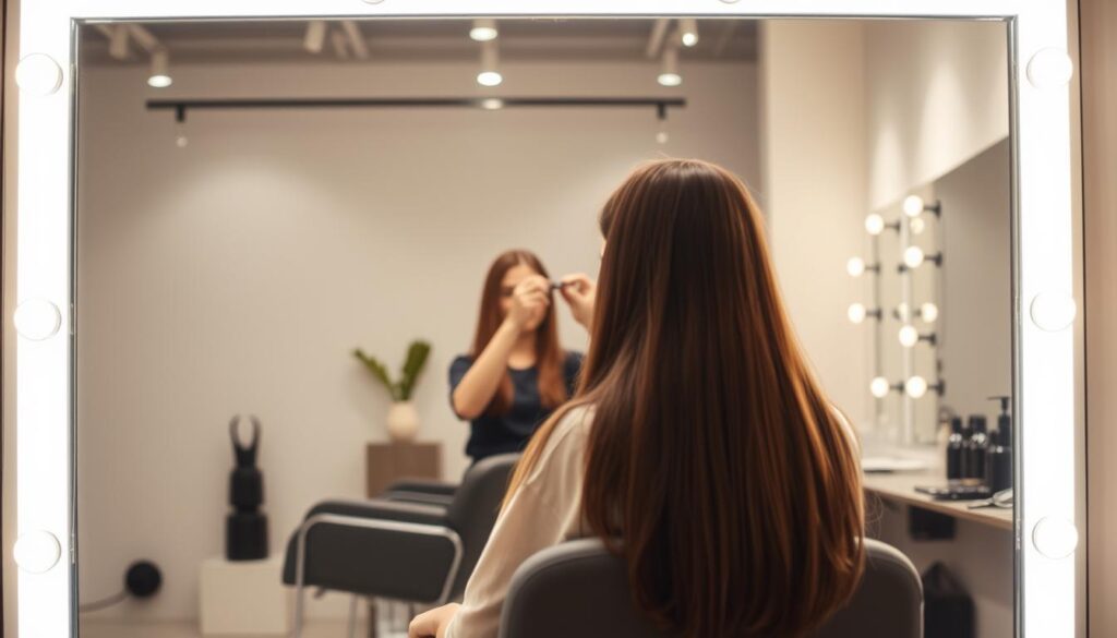 A well-lit salon interior, with a large mirror reflecting the foreground. In the center, a young woman sitting in a styling chair, her long hair carefully sectioned and styled by the hands of a hairstylist. Soft, warm lighting casts a cozy glow, while tools and products are neatly organized on a sleek styling station. The background features a minimalist, modern decor with clean lines and a neutral color palette, creating a calming, instructional atmosphere perfect for a hair tutorial.