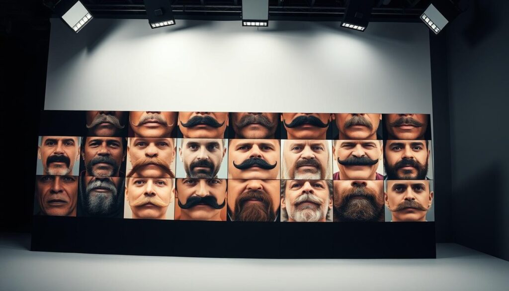A well-lit studio setting showcasing a variety of classic men's mustache styles. In the foreground, a grid of close-up portraits highlighting the distinct features of different mustache types - from the neatly trimmed chevron to the bold handlebar, the delicate pencil line to the full bushy mustache. The middle ground features a subtle gradient backdrop, allowing the facial hair to take center stage. Subtle lighting from above and to the sides casts gentle shadows, accentuating the texture and shape of each mustache. The overall tone is one of grooming, elegance, and masculine sophistication, inviting the viewer to explore the diverse options for cultivating the perfect gentleman's facial hair. A well-lit studio setting showcasing a variety of classic men's mustache styles. In the foreground, a grid of close-up portraits highlighting the distinct features of different mustache types - from the neatly trimmed chevron to the bold handlebar, the delicate pencil line to the full bushy mustache. The middle ground features a subtle gradient backdrop, allowing the facial hair to take center stage. Subtle lighting from above and to the sides casts gentle shadows, accentuating the texture and shape of each mustache. The overall tone is one of grooming, elegance, and masculine sophistication, inviting the viewer to explore the diverse options for cultivating the perfect gentleman's facial hair.