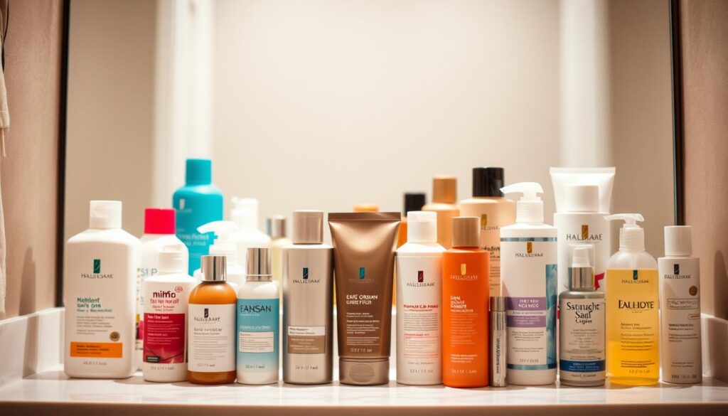 A well-stocked vanity, showcasing an array of hair care products in a soft, glowing light. In the foreground, an assortment of shampoos, conditioners, and styling aids in various sizes and shapes, their labels prominently displayed. In the middle ground, a few select hero products stand out, their packaging design and materials reflecting a premium, high-quality aesthetic. The background fades into a subtly blurred, neutral-toned setting, drawing the viewer's attention to the curated selection of hair care essentials. The overall scene conveys a sense of sophistication, attention to detail, and a commitment to healthy, beautiful hair. A well-stocked vanity, showcasing an array of hair care products in a soft, glowing light. In the foreground, an assortment of shampoos, conditioners, and styling aids in various sizes and shapes, their labels prominently displayed. In the middle ground, a few select hero products stand out, their packaging design and materials reflecting a premium, high-quality aesthetic. The background fades into a subtly blurred, neutral-toned setting, drawing the viewer's attention to the curated selection of hair care essentials. The overall scene conveys a sense of sophistication, attention to detail, and a commitment to healthy, beautiful hair.
