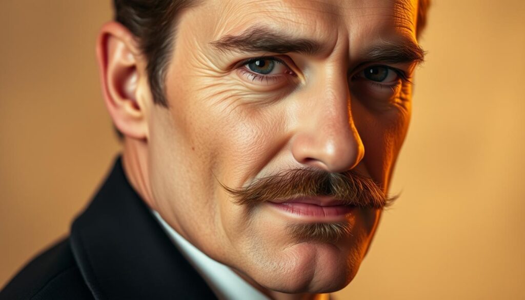 A well-styled man with a thin, meticulously groomed mustache, his facial features highlighted by soft, warm lighting. The portrait captures his confident, slightly pensive expression, set against a subtly blurred, airy background that emphasizes the subject. The composition is balanced, drawing the viewer's attention to the man's refined, aristocratic appearance and the understated elegance of the thin mustache. This image perfectly illustrates the section on who can best pull off the thin mustache look. A well-styled man with a thin, meticulously groomed mustache, his facial features highlighted by soft, warm lighting. The portrait captures his confident, slightly pensive expression, set against a subtly blurred, airy background that emphasizes the subject. The composition is balanced, drawing the viewer's attention to the man's refined, aristocratic appearance and the understated elegance of the thin mustache. This image perfectly illustrates the section on who can best pull off the thin mustache look.