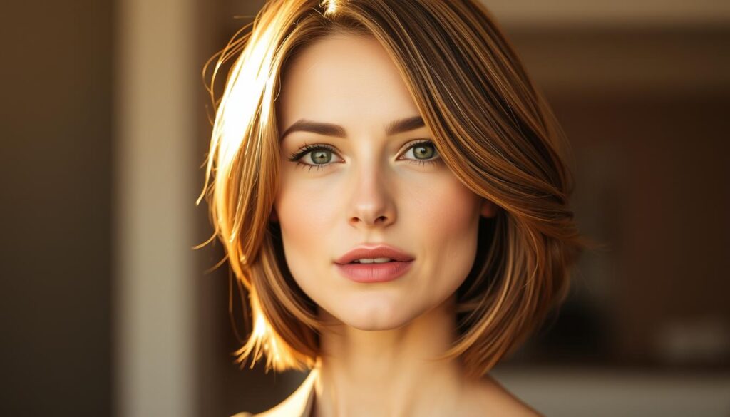 A woman with a square-shaped face, her hair styled in a flattering, layered cut that softens the angular features. The lighting is soft and warm, creating a natural, golden glow that enhances the model's complexion. The camera angle is slightly elevated, capturing the hairstyle from a slightly overhead perspective to showcase the layers and texture. The background is blurred, placing the focus entirely on the subject's face and haircut. The overall mood is one of elegance and refinement, reflecting the specific needs of a square-shaped face.
