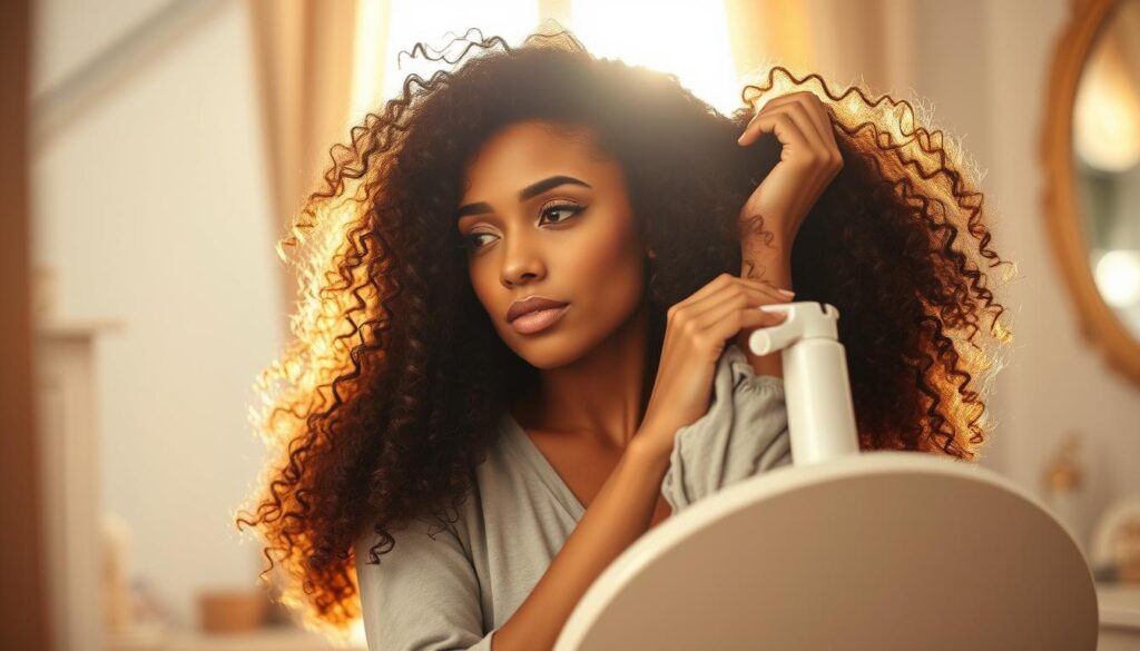 A woman with cascading, voluminous curly hair sits at a vanity, carefully applying a styling product to her locks. The light streams in through a window, casting a warm, golden glow on her face and hair. The scene is serene and intimate, the woman's expression one of focused concentration as she tends to her curly tresses. The background is softly blurred, drawing the eye to the central subject. The image conveys the importance of proper haircare and styling for maintaining healthy, vibrant curly hair. A woman with cascading, voluminous curly hair sits at a vanity, carefully applying a styling product to her locks. The light streams in through a window, casting a warm, golden glow on her face and hair. The scene is serene and intimate, the woman's expression one of focused concentration as she tends to her curly tresses. The background is softly blurred, drawing the eye to the central subject. The image conveys the importance of proper haircare and styling for maintaining healthy, vibrant curly hair.