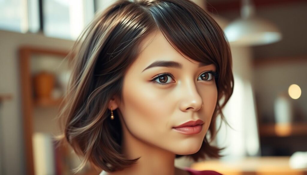 A young woman with a round face, elegant hairstyle that complements her features. Soft, natural lighting illuminates her face, highlighting the frame-flattering cut. The stylist has carefully shaped the layers to add volume and softness, framing her cheeks and drawing attention to her eyes. The overall look is polished yet effortless, creating a sophisticated and youthful appearance. A versatile haircut suitable for a variety of occasions, from everyday to special events.