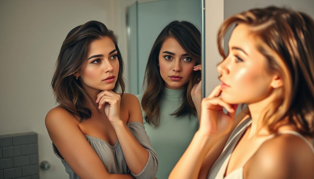 A young woman with a round face stands in front of a mirror, thoughtfully considering different hairstyles that complement her features. The lighting is soft and natural, casting a warm glow on her skin. In the background, we see a minimalist, cozy bathroom setting with neutral tones. The woman's expression is one of concentration as she experiments with different parts, lengths, and styles, trying to find the perfect match for her face shape. The scene conveys a sense of self-discovery and personal style experimentation.