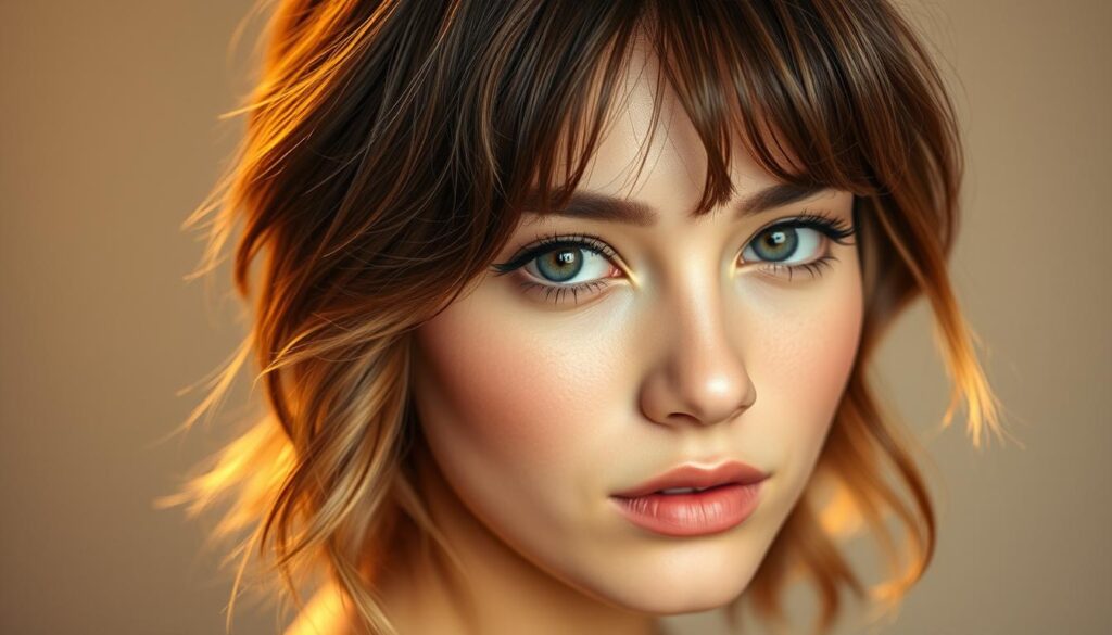 A young woman with a youthful, flattering hairstyle featuring a stylish, face-framing fringe. The soft, wispy bangs gracefully sweep across her forehead, drawing attention to her captivating eyes and enhancing her delicate features. Gentle waves and volume in the mid-lengths and ends create an effortless, natural-looking style that appears to have been styled with careful precision. Warm, diffuse lighting gently illuminates her face, creating a soft, glowing effect that evokes a sense of timeless elegance. The background is blurred, allowing the viewer to focus solely on the model's alluring, rejuvenated appearance.