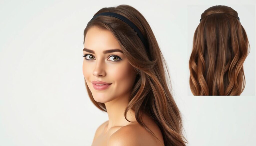 A young woman with long, luscious hair styled into an effortless, everyday hairstyle featuring a stylish headband. The headband is a simple, black accessory that adds a touch of sophistication to the look. The lighting is soft and natural, highlighting the model's radiant complexion and the silky texture of her hair. The background is a clean, minimalistic setting, allowing the subject to be the focus of the image. The overall mood is relaxed and confidence-inspiring, reflecting the versatility and simplicity of the hairstyle. A young woman with long, luscious hair styled into an effortless, everyday hairstyle featuring a stylish headband. The headband is a simple, black accessory that adds a touch of sophistication to the look. The lighting is soft and natural, highlighting the model's radiant complexion and the silky texture of her hair. The background is a clean, minimalistic setting, allowing the subject to be the focus of the image. The overall mood is relaxed and confidence-inspiring, reflecting the versatility and simplicity of the hairstyle.