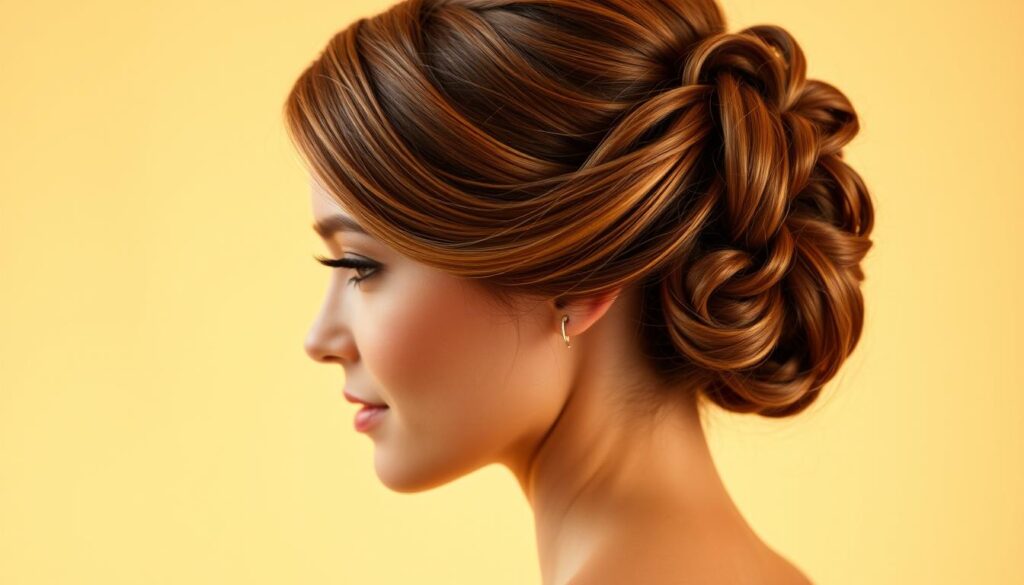 An elegant updo hairstyle for a formal occasion, featuring refined waves and swooping curves that gracefully frame the face. The styling is refined and sophisticated, with a touch of glamour, suitable for a long evening dress. The lighting is soft and flattering, creating a warm, radiant glow that accentuates the intricate details of the hairstyle. The composition places the subject in the center, allowing the sculptural shape of the updo to be the focal point. The overall mood is one of polished, timeless elegance, befitting a special event.